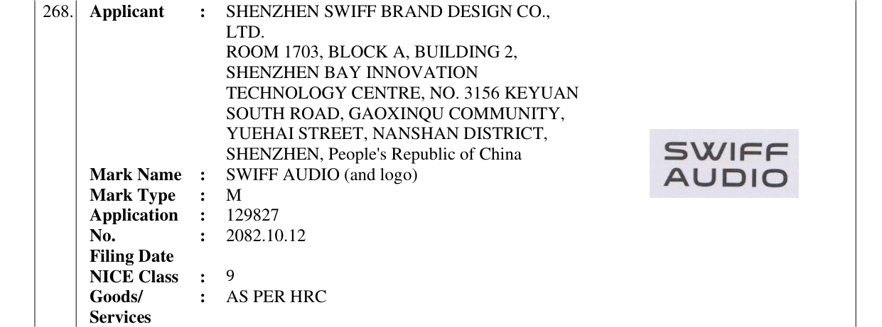 Original bulletin entry for SWIFF AUDIO (and logo)