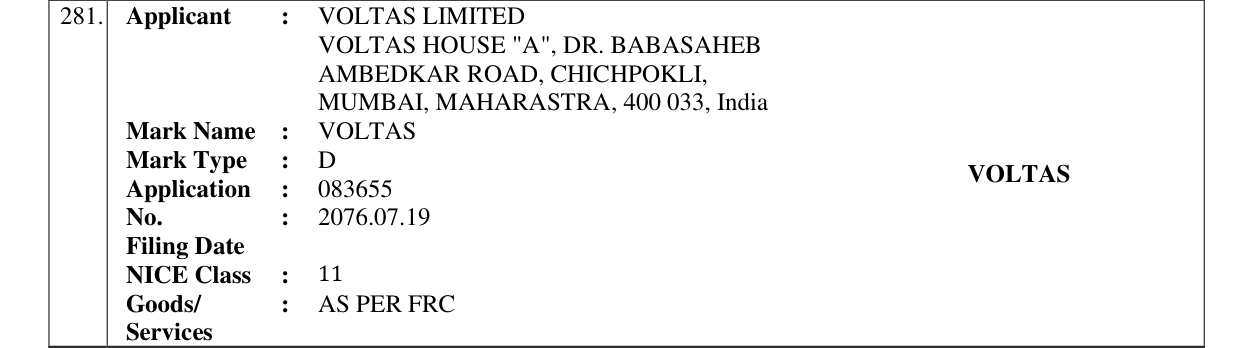 Original bulletin entry for VOLTAS