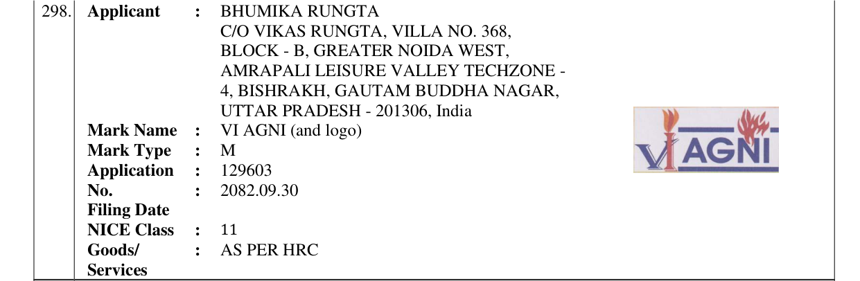 Original bulletin entry for VI AGNI (and logo)