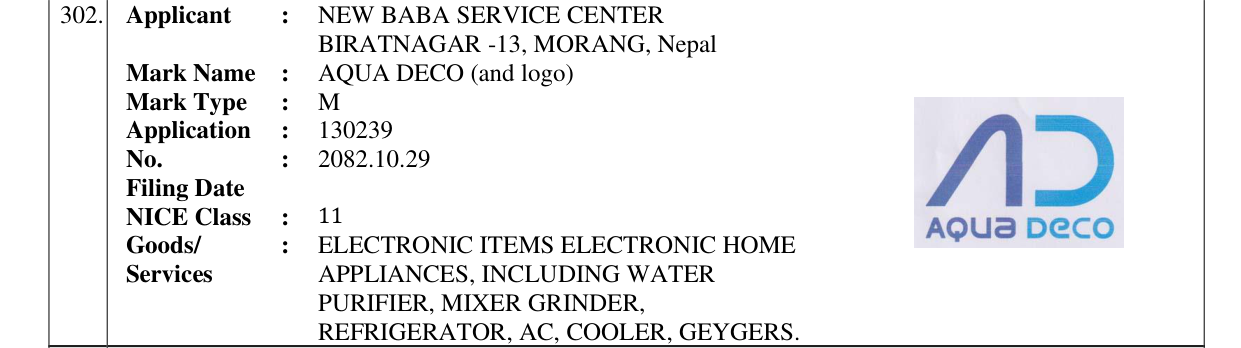 Original bulletin entry for AQUA DECO (and logo)