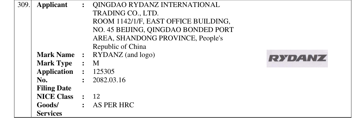 Original bulletin entry for RYDANZ (and logo)