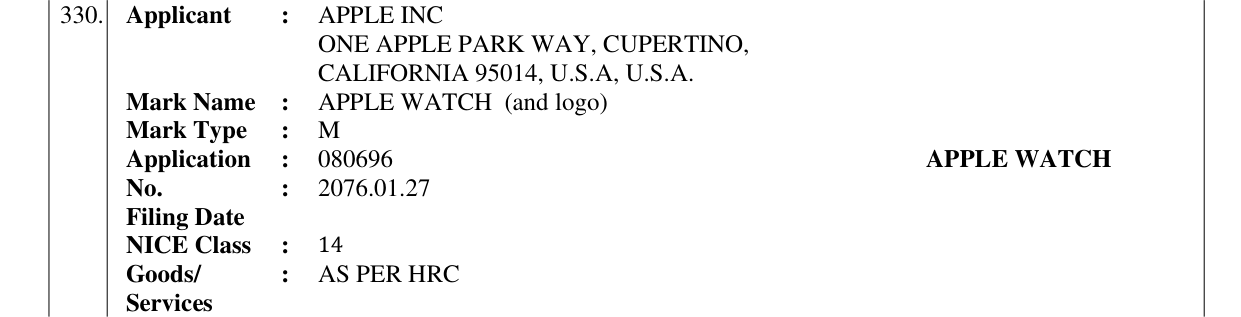 Original bulletin entry for APPLE WATCH (and logo)