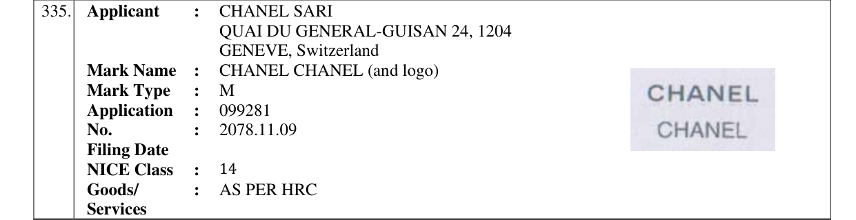 Original bulletin entry for CHANEL CHANEL (and logo)