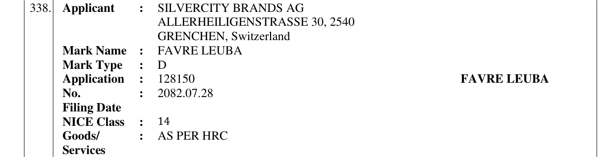 Original bulletin entry for FAVRE LEUBA