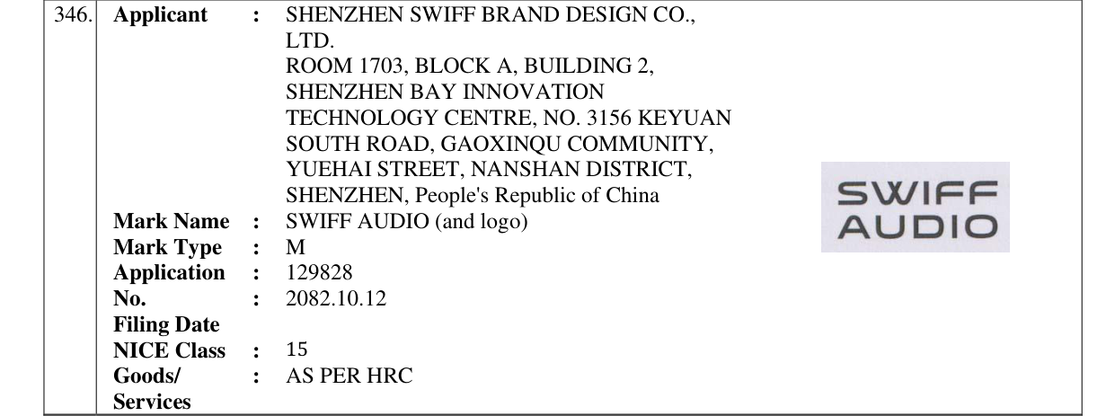 Original bulletin entry for SWIFF AUDIO (and logo)