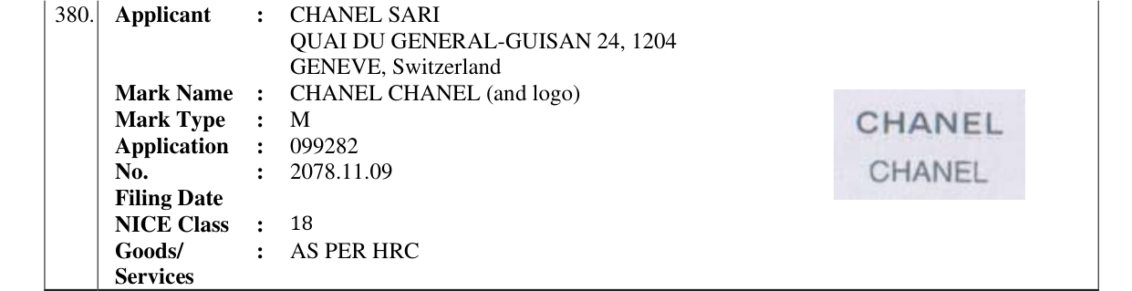 Original bulletin entry for CHANEL CHANEL (and logo)