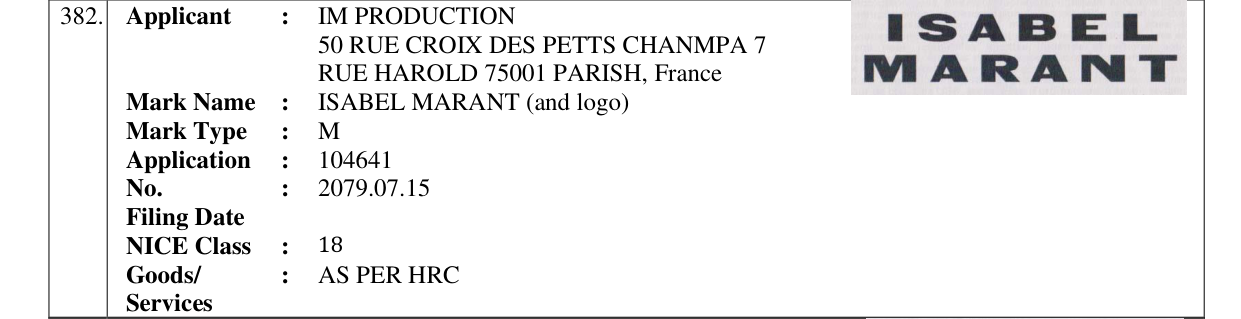 Original bulletin entry for ISABEL MARANT (and logo)