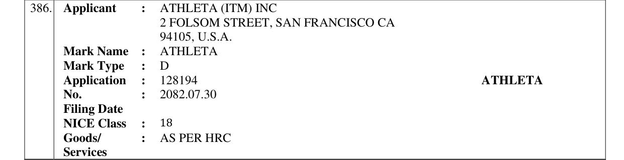 Original bulletin entry for ATHLETA