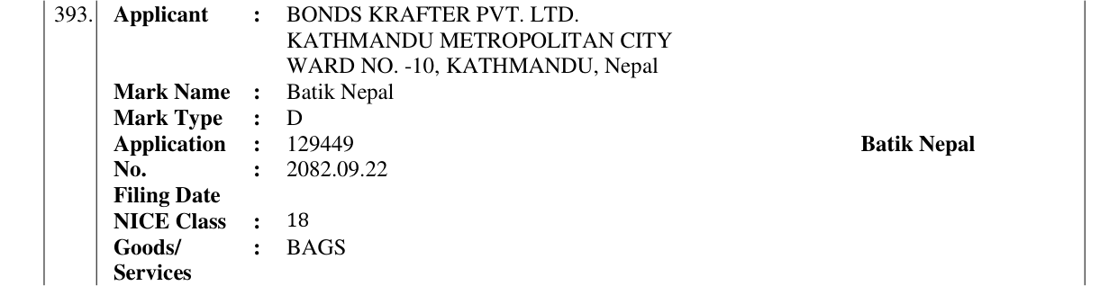 Original bulletin entry for Batik Nepal