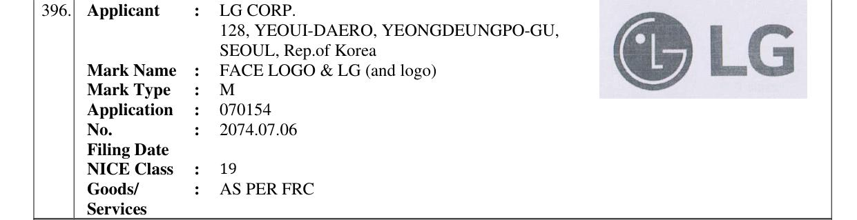 Original bulletin entry for FACE LOGO & LG (and logo)