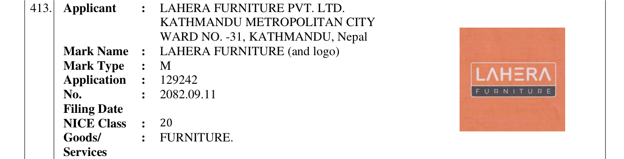Original bulletin entry for LAHERA FURNITURE (and logo)