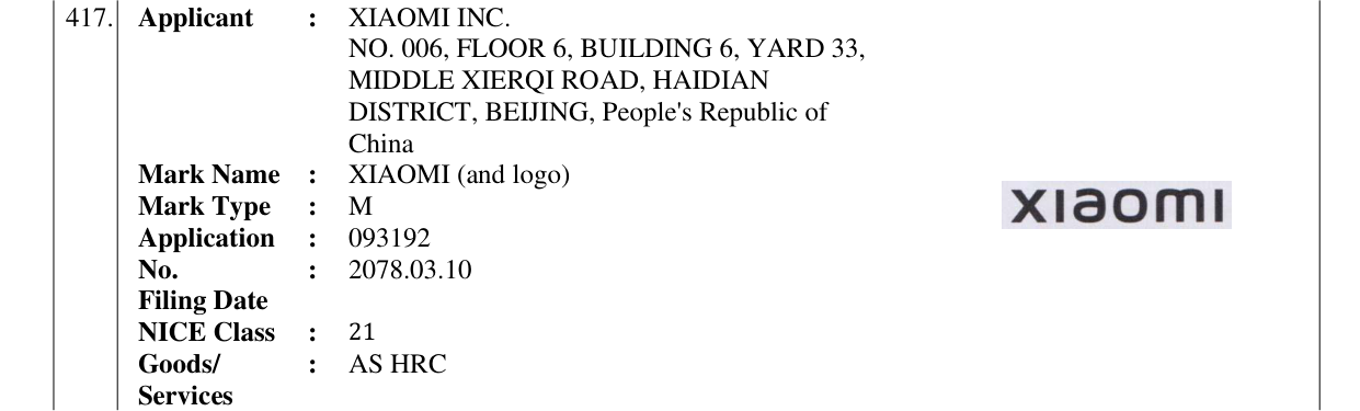 Original bulletin entry for XIAOMI (and logo)