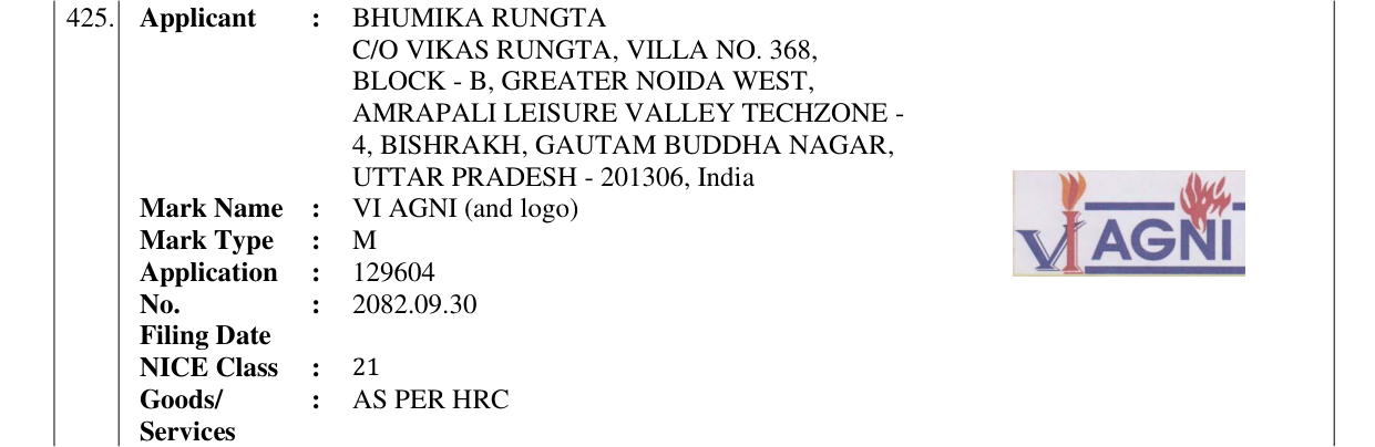 Original bulletin entry for VI AGNI (and logo)