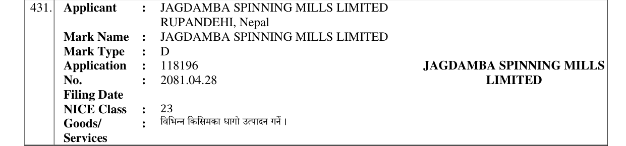Original bulletin entry for JAGDAMBA SPINNING MILLS LIMITED