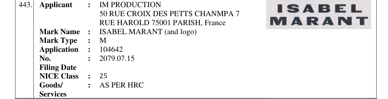 Original bulletin entry for ISABEL MARANT (and logo)