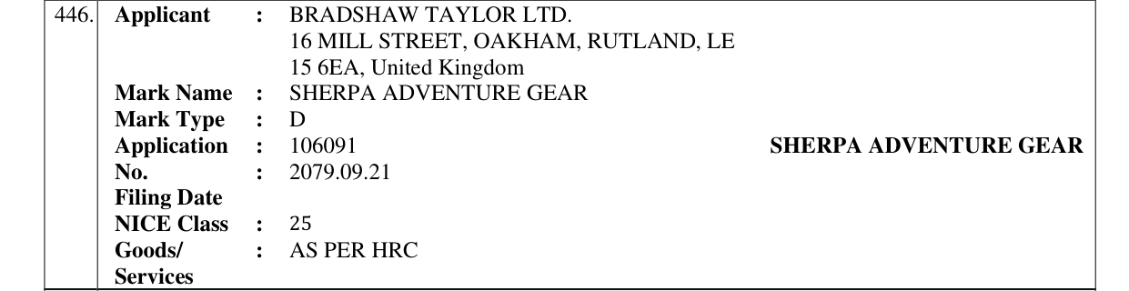 Original bulletin entry for SHERPA ADVENTURE GEAR