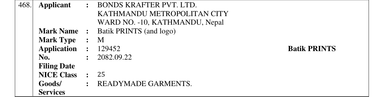 Original bulletin entry for Batik PRINTS (and logo)