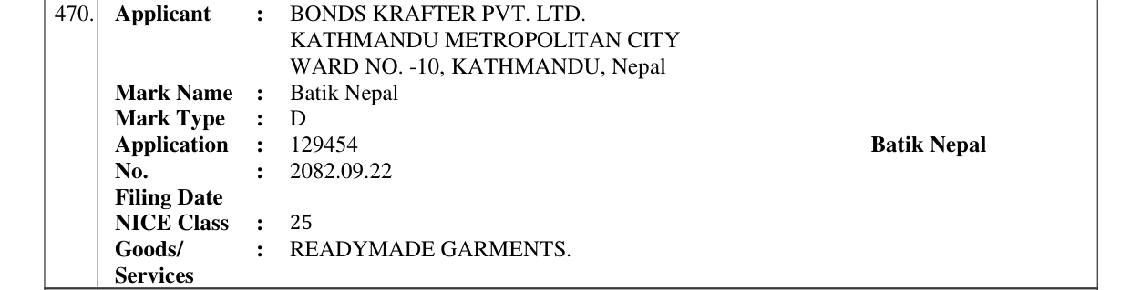 Original bulletin entry for Batik Nepal