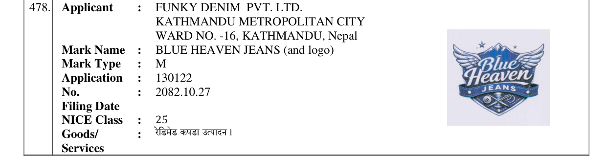 Original bulletin entry for BLUE HEAVEN JEANS (and logo)
