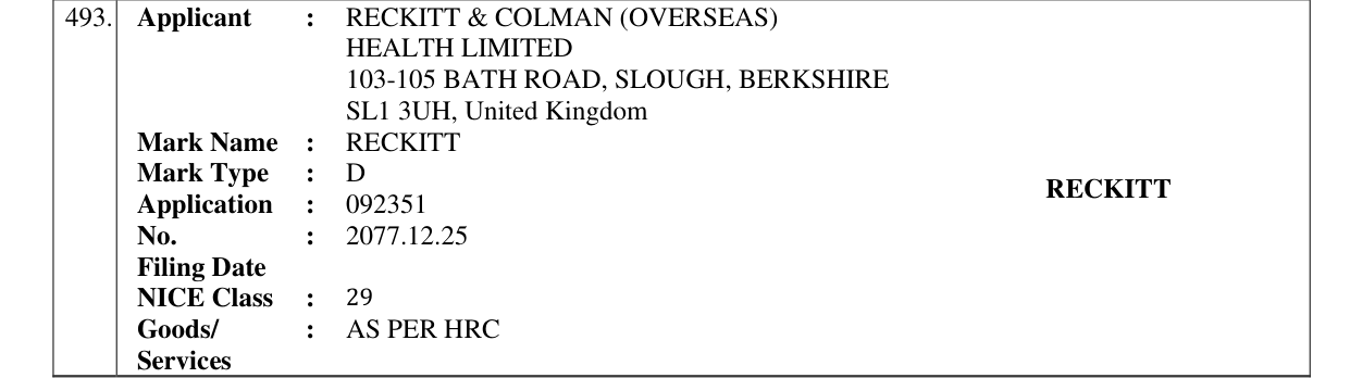 Original bulletin entry for RECKITT