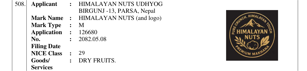 Original bulletin entry for HIMALAYAN NUTS (and logo)