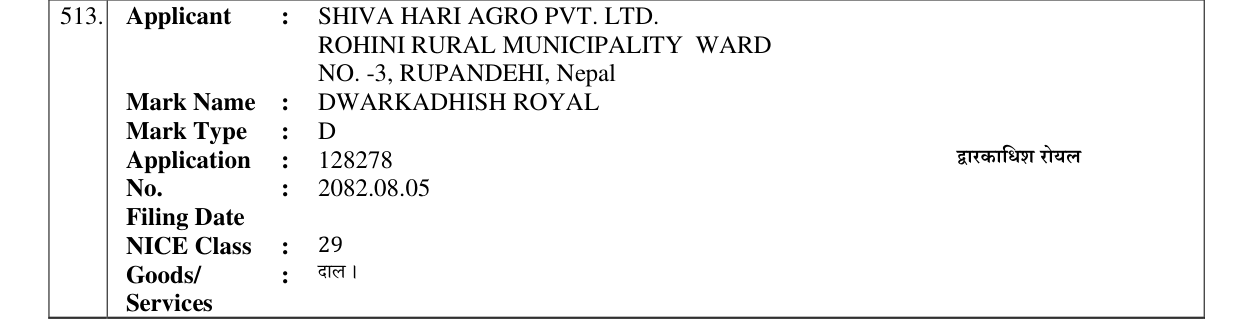 Original bulletin entry for DWARKADHISH ROYAL