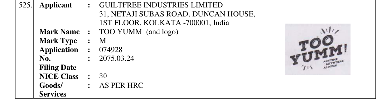 Original bulletin entry for TOO YUMM (and logo)
