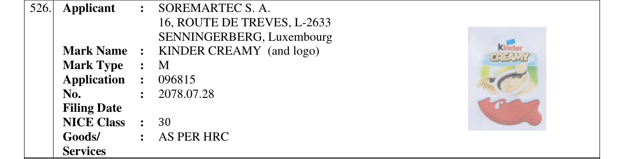 Original bulletin entry for KINDER CREAMY (and logo)