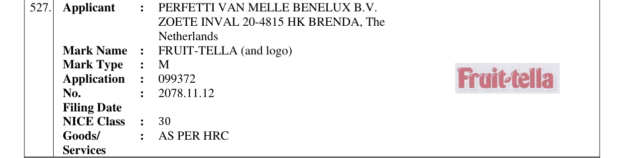 Original bulletin entry for FRUIT-TELLA (and logo)
