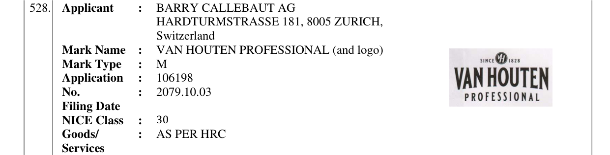 Original bulletin entry for VAN HOUTEN PROFESSIONAL (and logo)