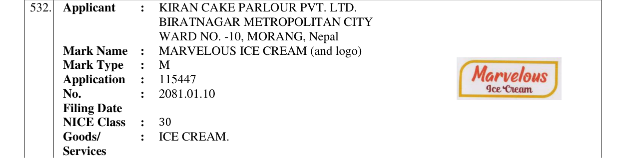 Original bulletin entry for MARVELOUS ICE CREAM (and logo)
