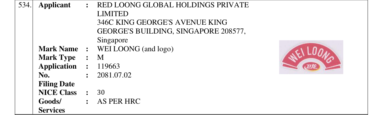 Original bulletin entry for WEI LOONG (and logo)