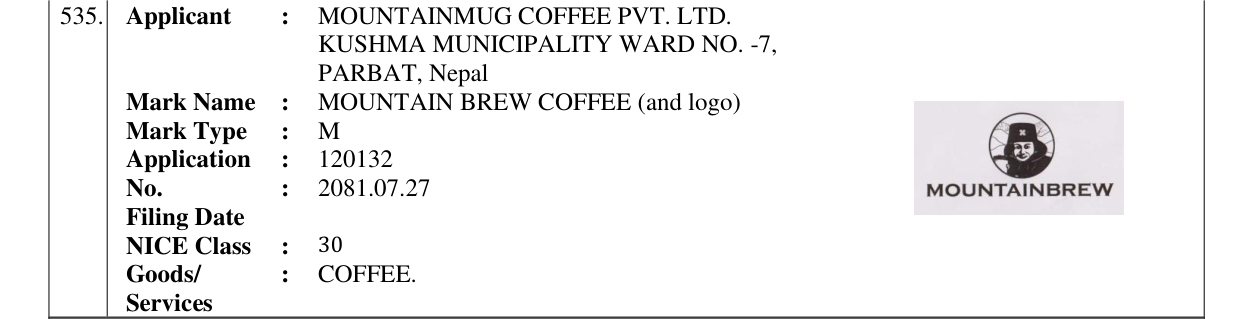 Original bulletin entry for MOUNTAIN BREW COFFEE (and logo)