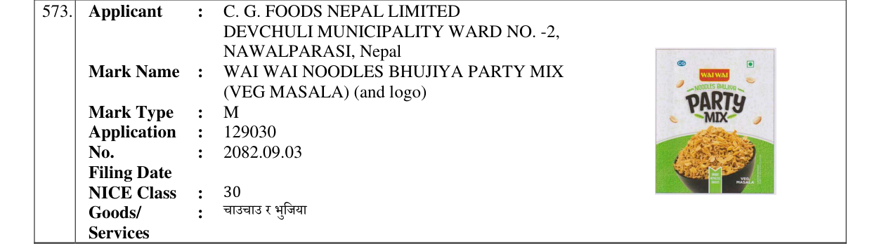 Original bulletin entry for WAI WAI NOODLES BHUJIYA PARTY MIX (VEG MASALA) (and logo)
