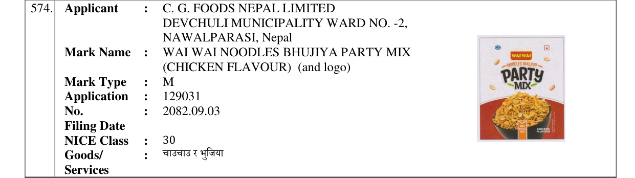 Original bulletin entry for WAI WAI NOODLES BHUJIYA PARTY MIX (CHICKEN FLAVOUR) (and logo)