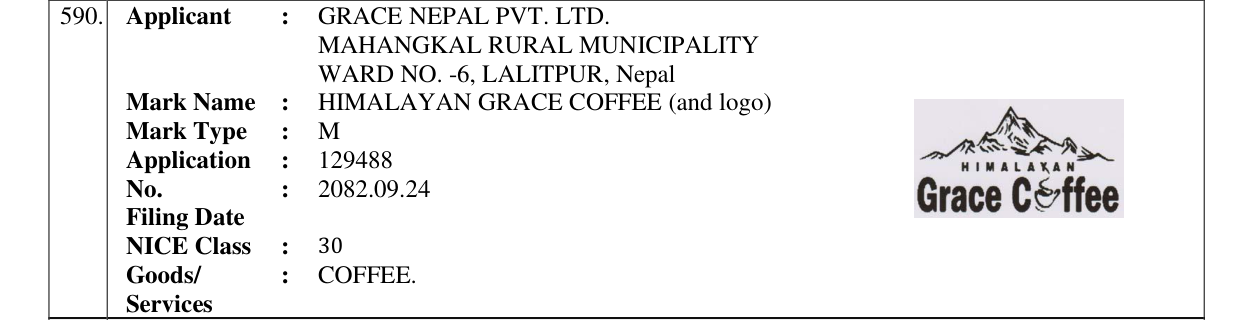 Original bulletin entry for HIMALAYAN GRACE COFFEE (and logo)