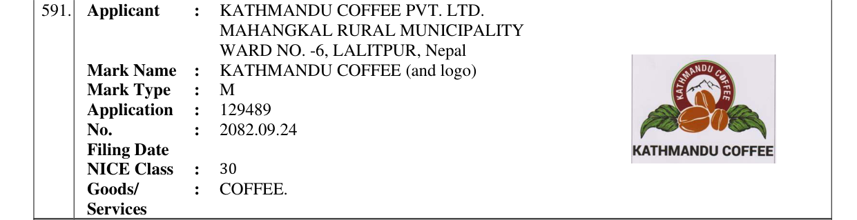 Original bulletin entry for KATHMANDU COFFEE (and logo)