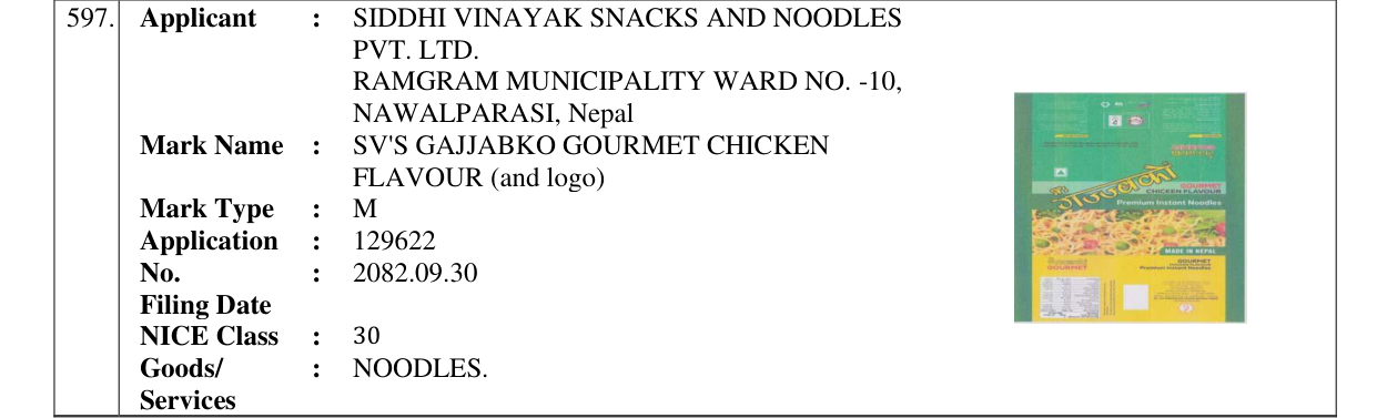Original bulletin entry for SV'S GAJJABKO GOURMET CHICKEN FLAVOUR (and logo)