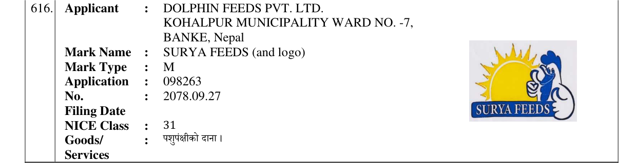 Original bulletin entry for SURYA FEEDS (and logo)
