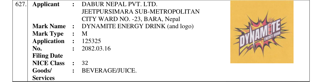 Original bulletin entry for DYNAMITE ENERGY DRINK (and logo)