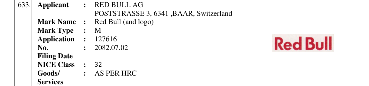 Original bulletin entry for Red Bull (and logo)