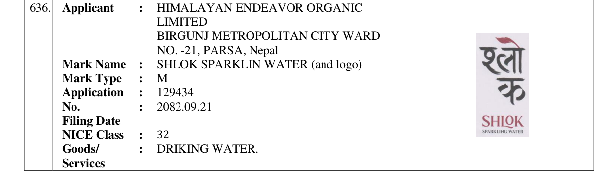 Original bulletin entry for SHLOK SPARKLIN WATER (and logo)