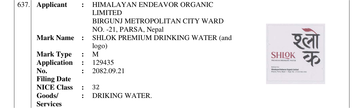 Original bulletin entry for SHLOK PREMIUM DRINKING WATER (and logo)