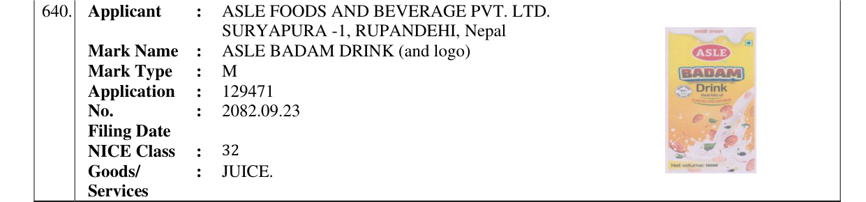 Original bulletin entry for ASLE BADAM DRINK (and logo)