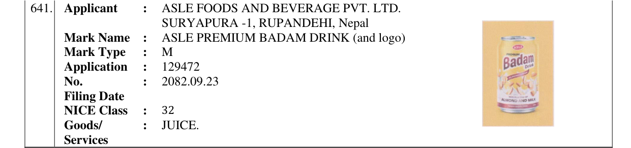 Original bulletin entry for ASLE PREMIUM BADAM DRINK (and logo)