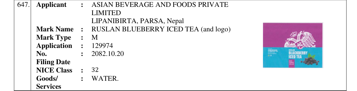 Original bulletin entry for RUSLAN BLUEBERRY ICED TEA (and logo)
