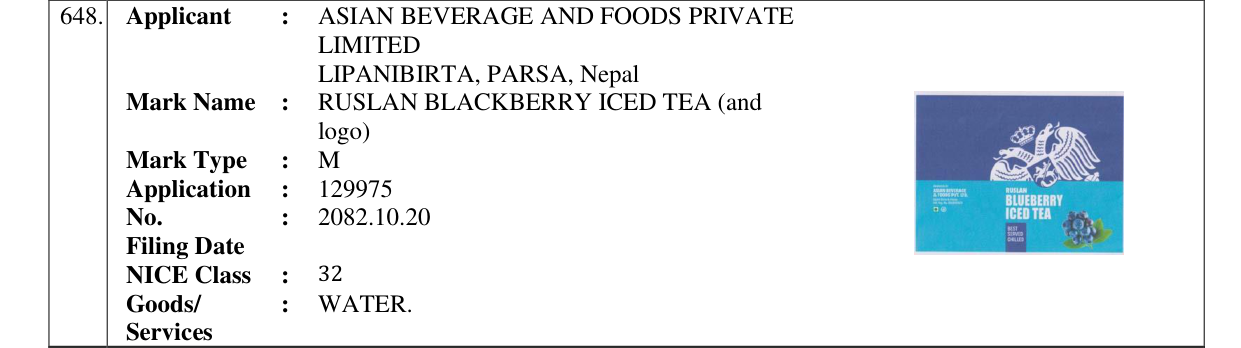 Original bulletin entry for RUSLAN BLACKBERRY ICED TEA (and logo)