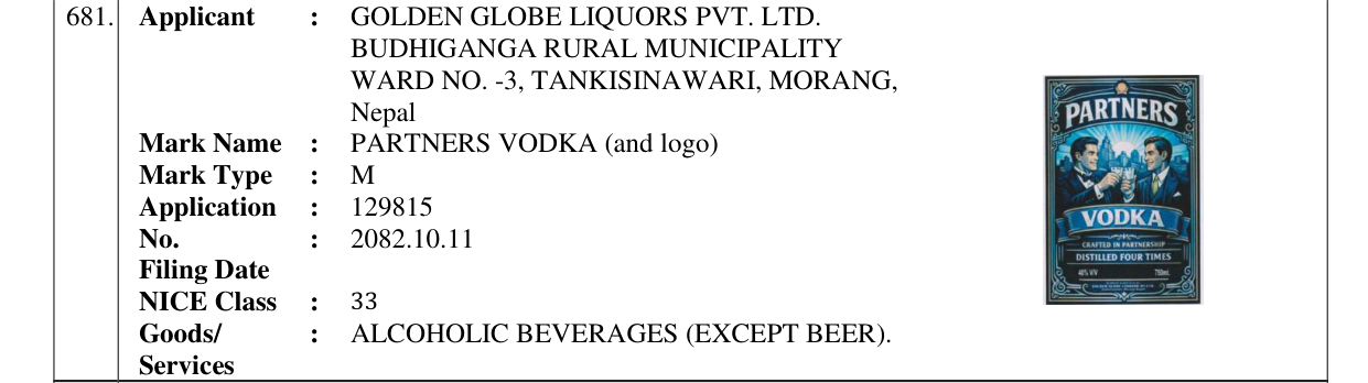 Original bulletin entry for PARTNERS VODKA (and logo)