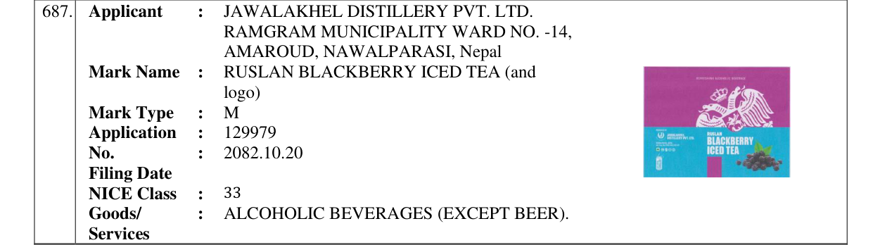 Original bulletin entry for RUSLAN BLACKBERRY ICED TEA (and logo)