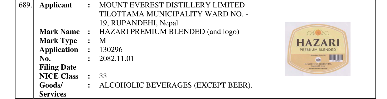 Original bulletin entry for HAZARI PREMIUM BLENDED (and logo)